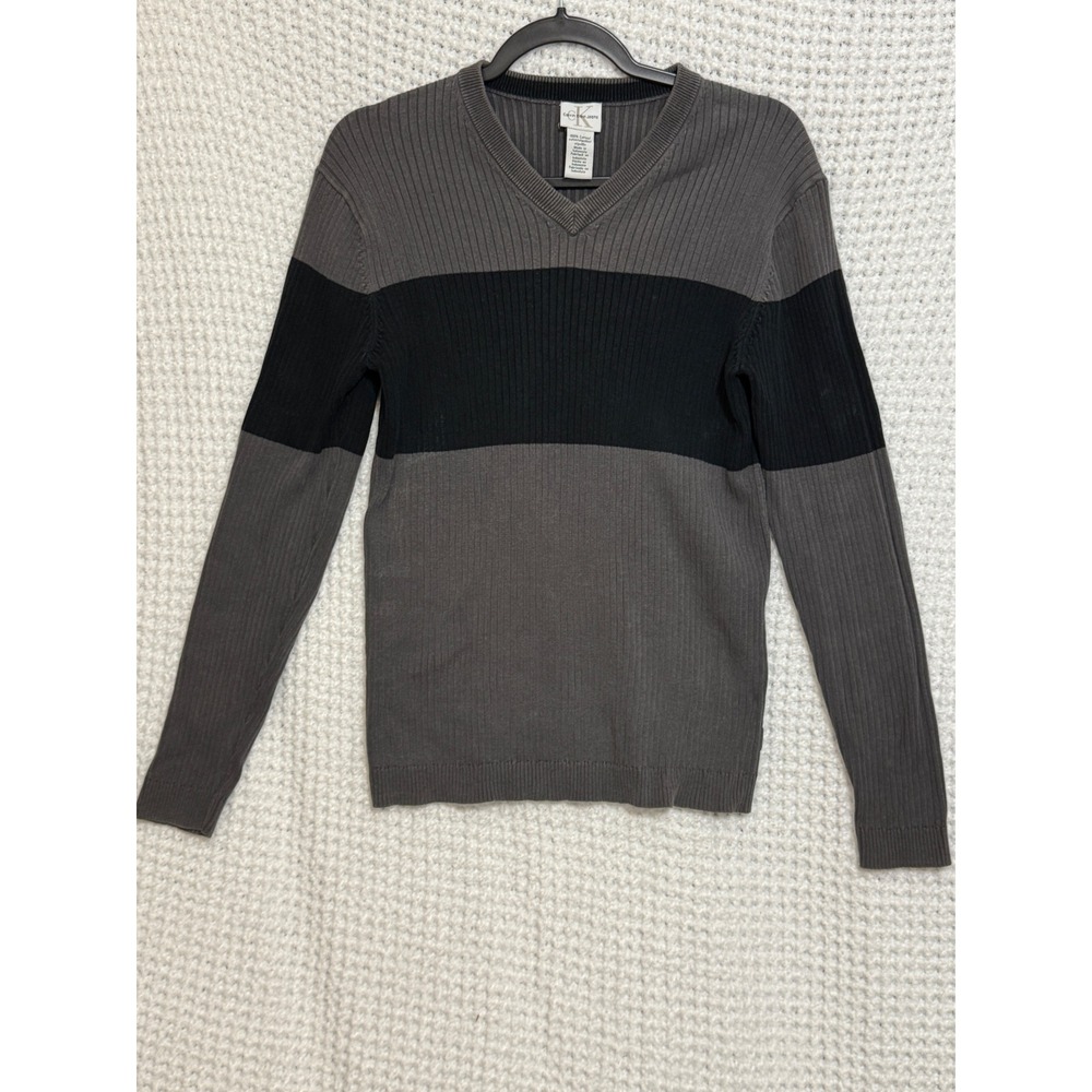 Calvin Klein Jeans Men's V-Neck Sweater Colorblock Gray Black Ribbed Cotton L